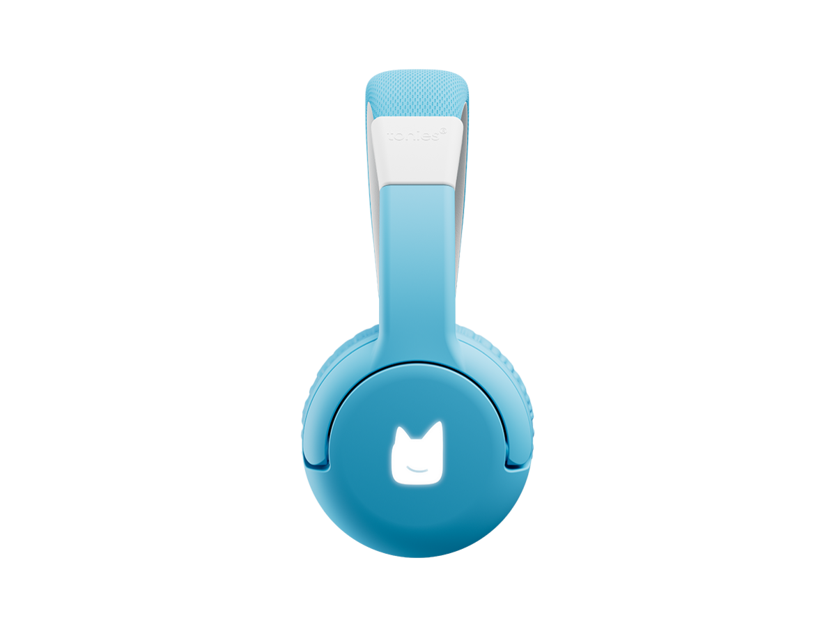 side view of the sky blue bluetooth headphones for kids with pulsating light illuminated