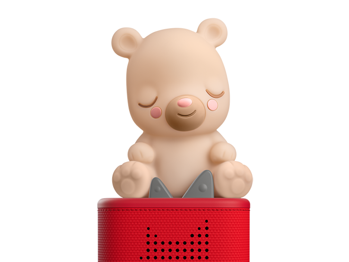 Sleepy Bear Night Light Tonie on a red Toniebox 2 ready to play audio stories and songs