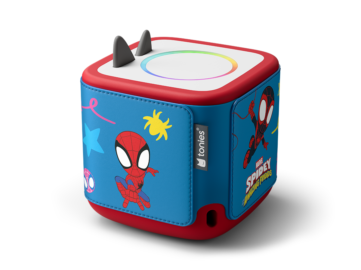 back view of Toniebox 2 Sleeve MARVEL Spidey & His Amazing Friends on a red Toniebox 2