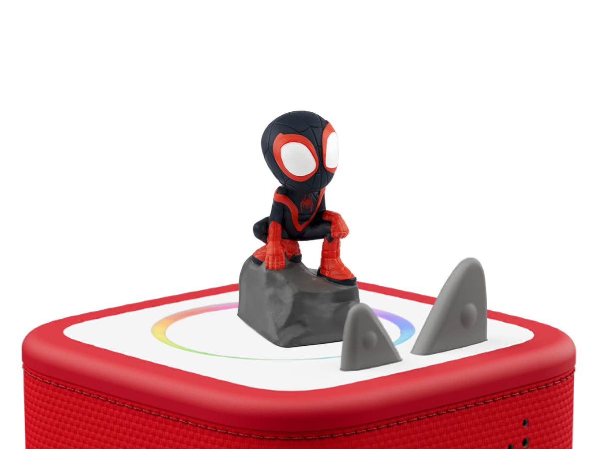 Marvel's Spidey and His Amazing Friends: Spin Tonie on a red Toniebox 2 ready to play audio stories and songs