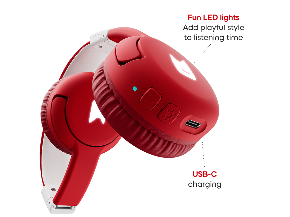 Close up view of Bluetooth Headphones: Sunset Red - Toniebox 2 with informational callouts