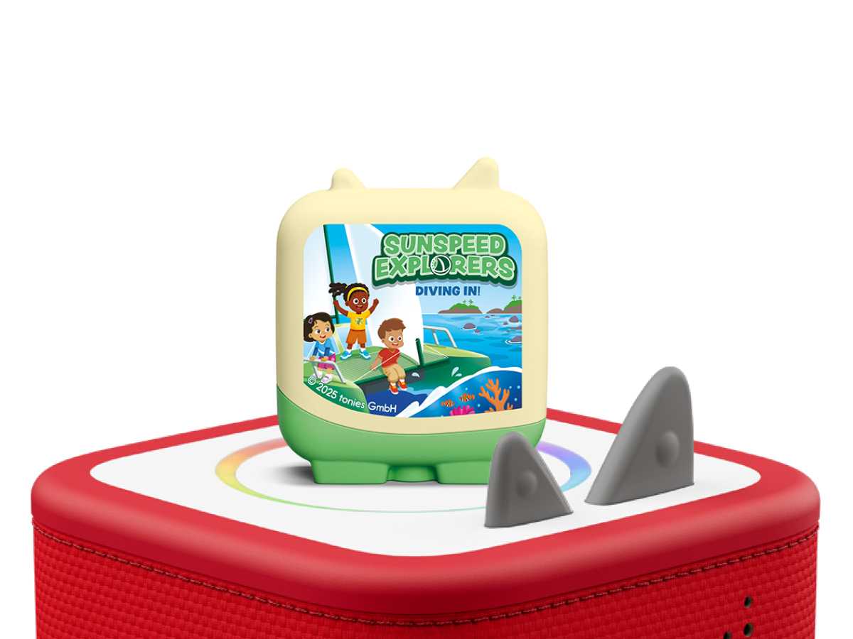 Sunspeed Explorers Clever Tonie on a red Toniebox 2 ready to play audio stories and songs
