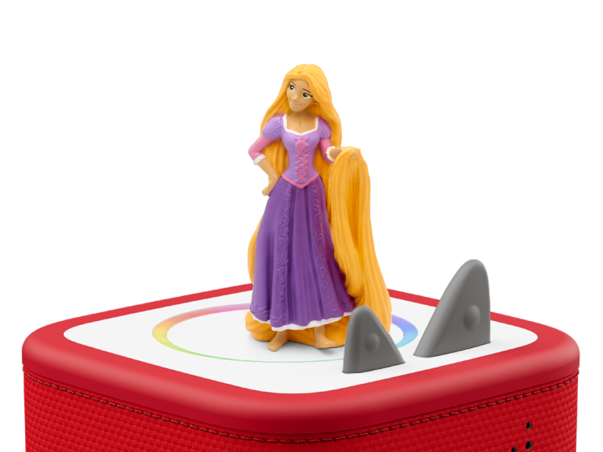 Disney Enredados Tonie (en Español) on a red Toniebox 2 ready to play audio stories and songs
