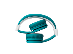 teal wired headphones for kids in folded position