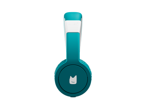 Side view of the teal wired headphones for kids with pulsating light illuminated