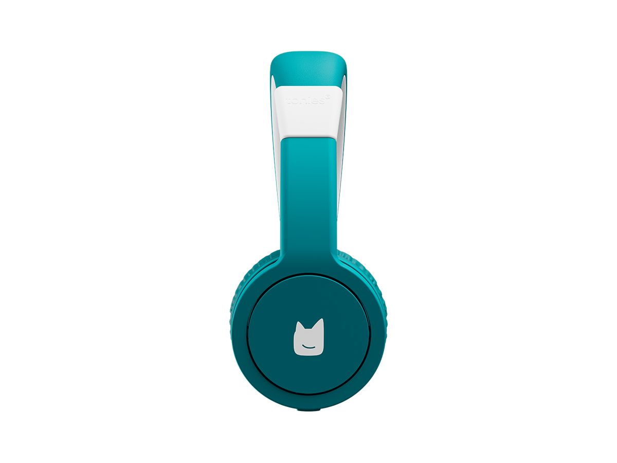 Side view of the teal wired headphones for kids with pulsating light illuminated