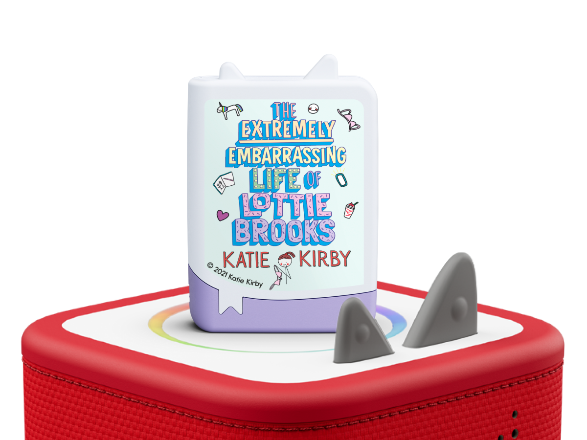 The Extremely Embarrassing Life of Lottie Brooks Book Tonie on a Red Toniebox 2 ready to play audio stories and songs curated for older listeners