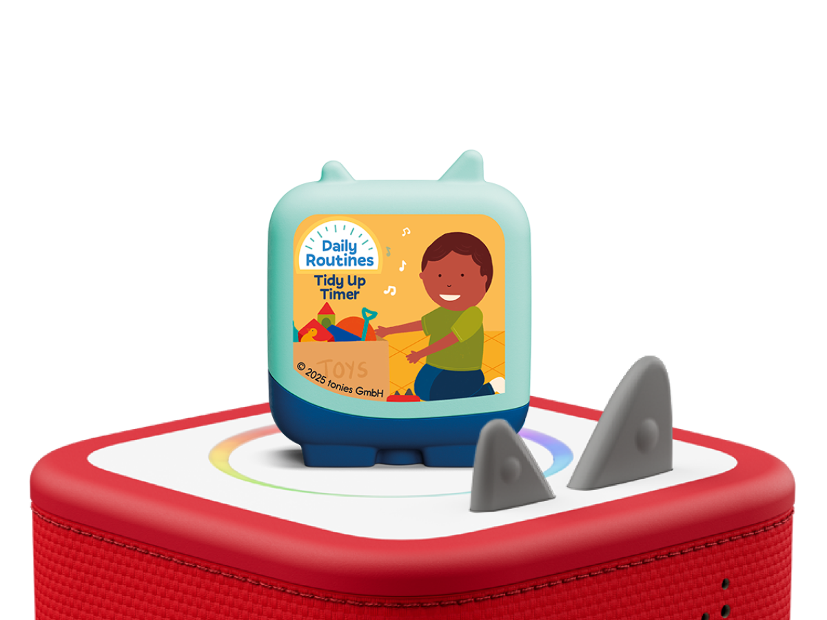 Daily Routines: Tidy Up Timer Clever Tonie on a red Toniebox 2 ready to play audio stories and songs