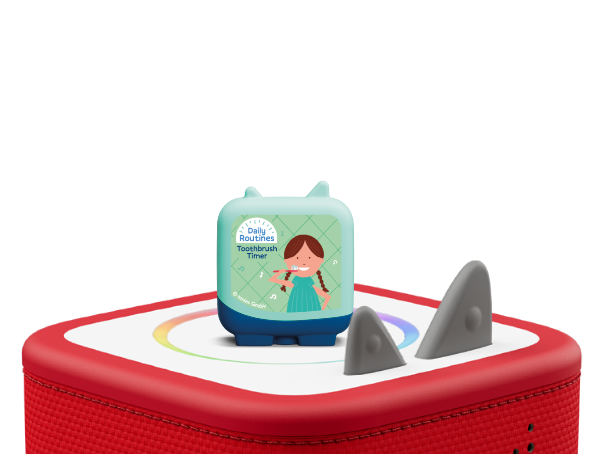 Daily Routines-Toothbrush Timer Pocket Tonie on a Red Toniebox 2 ready to play audio stories and songs curated for older listeners