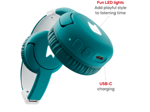 Close up view of Bluetooth Headphones: Tropical Teal - Toniebox 2 with informational callouts