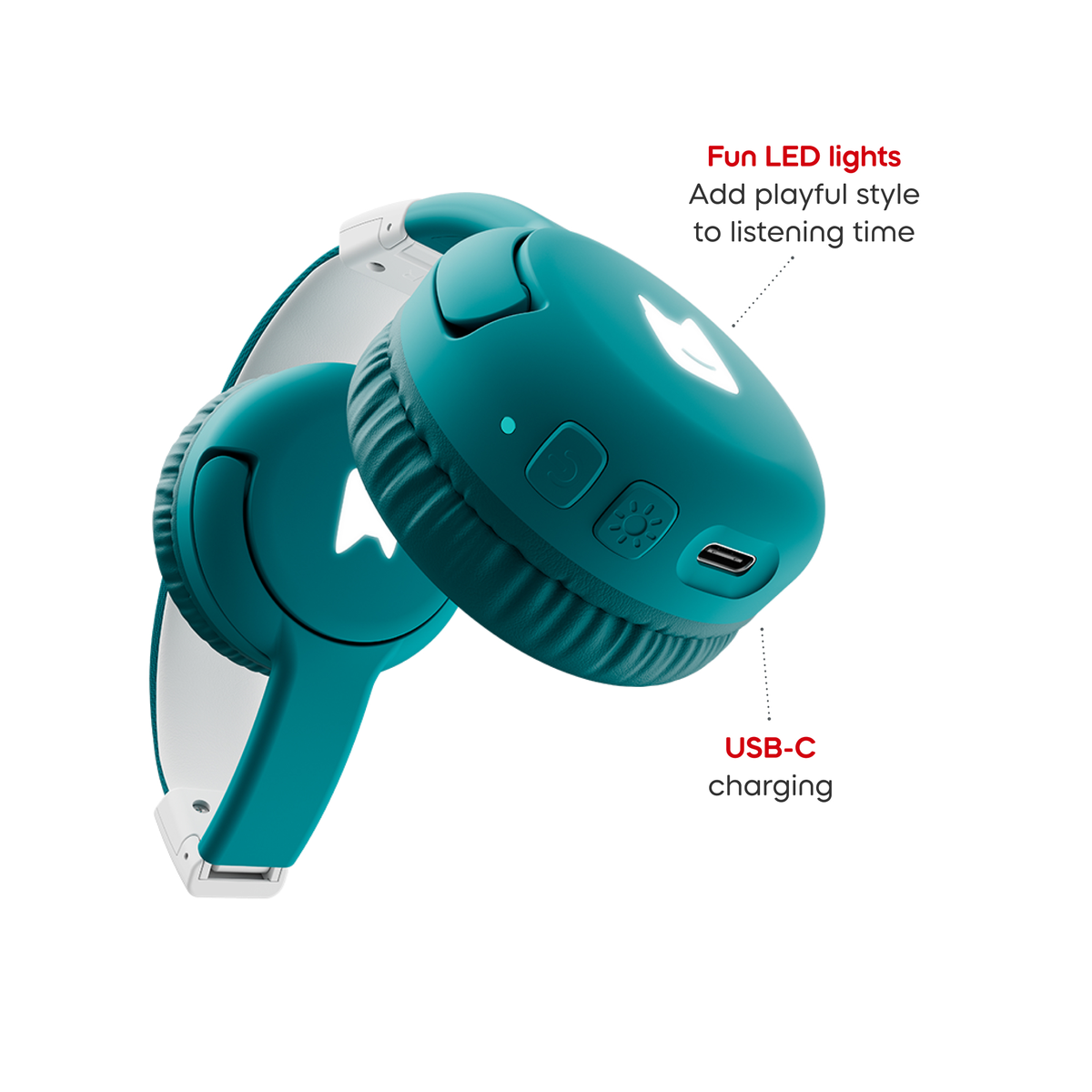 Close up view of Bluetooth Headphones: Tropical Teal - Toniebox 2 with informational callouts